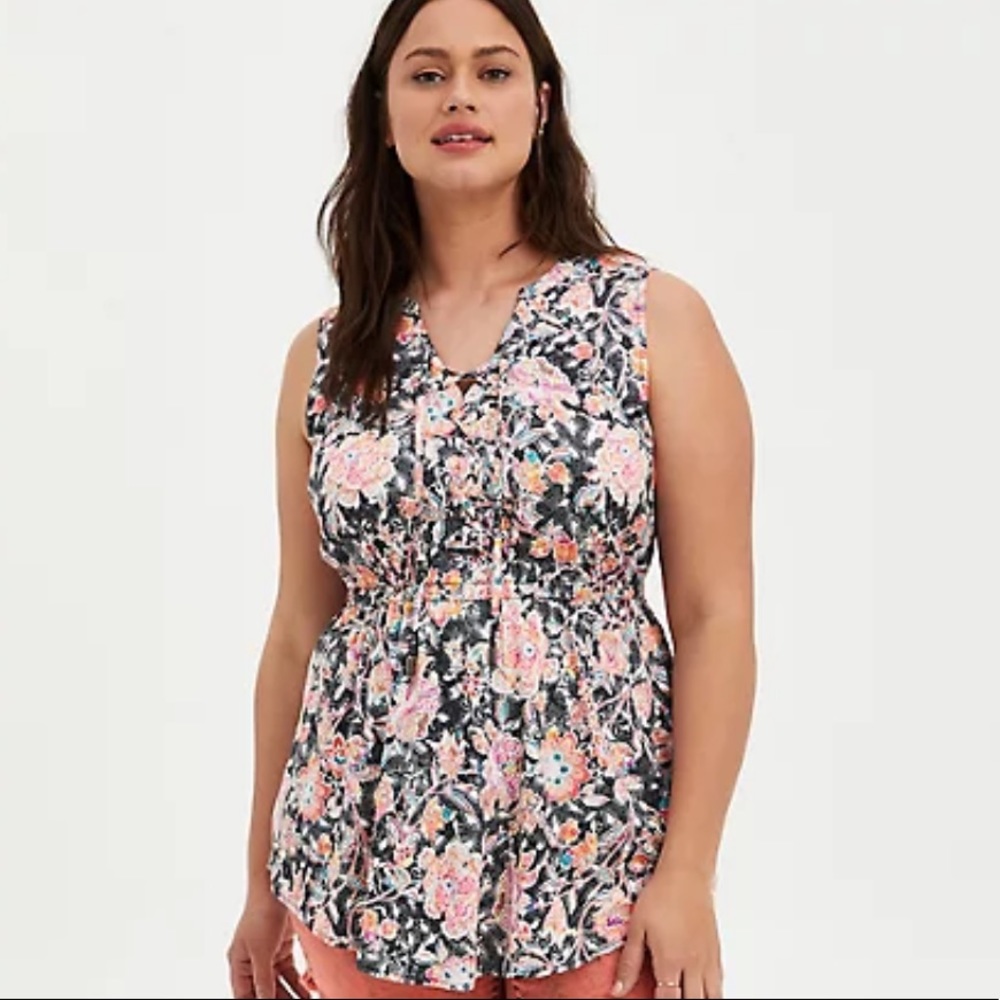 Torrid Black Floral Stretch Challis Lace Up Tunic